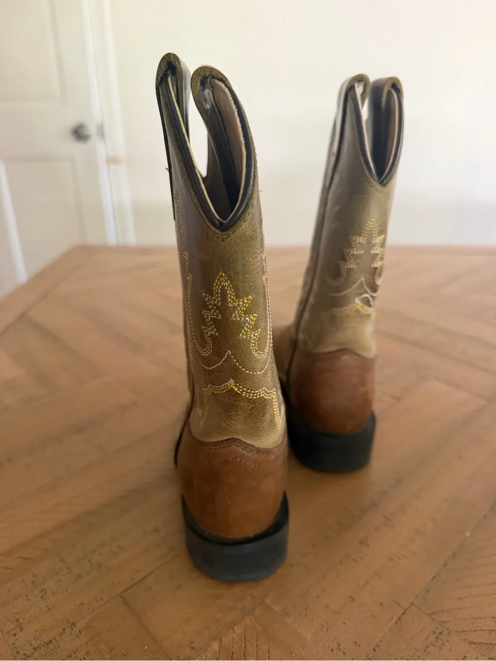Kids Brown Leather Western Cowboy Boots with Olive Stitching